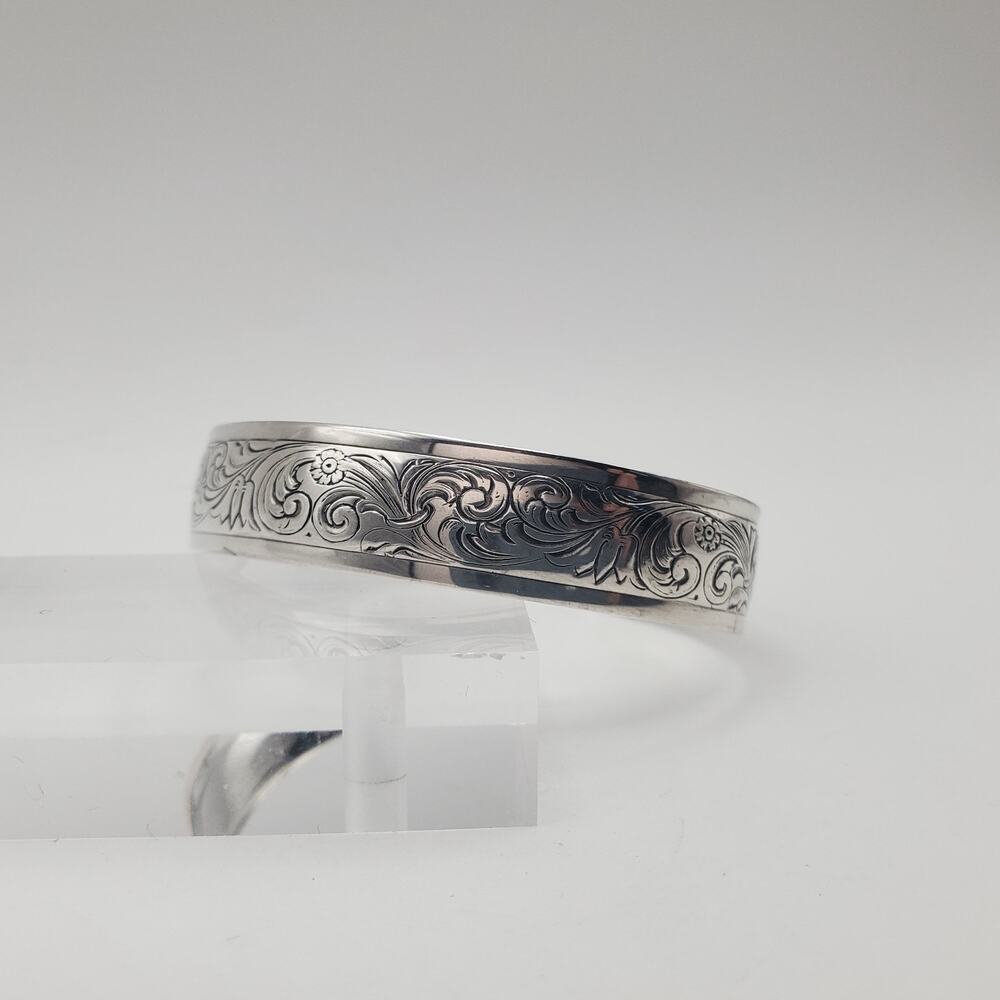 Vintage Birks 925 Sterling Silver Etched Floral Pattern Cuff Bracelet